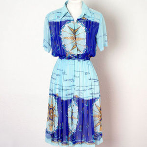 Blue MAP Print Dress Sheer Vintage